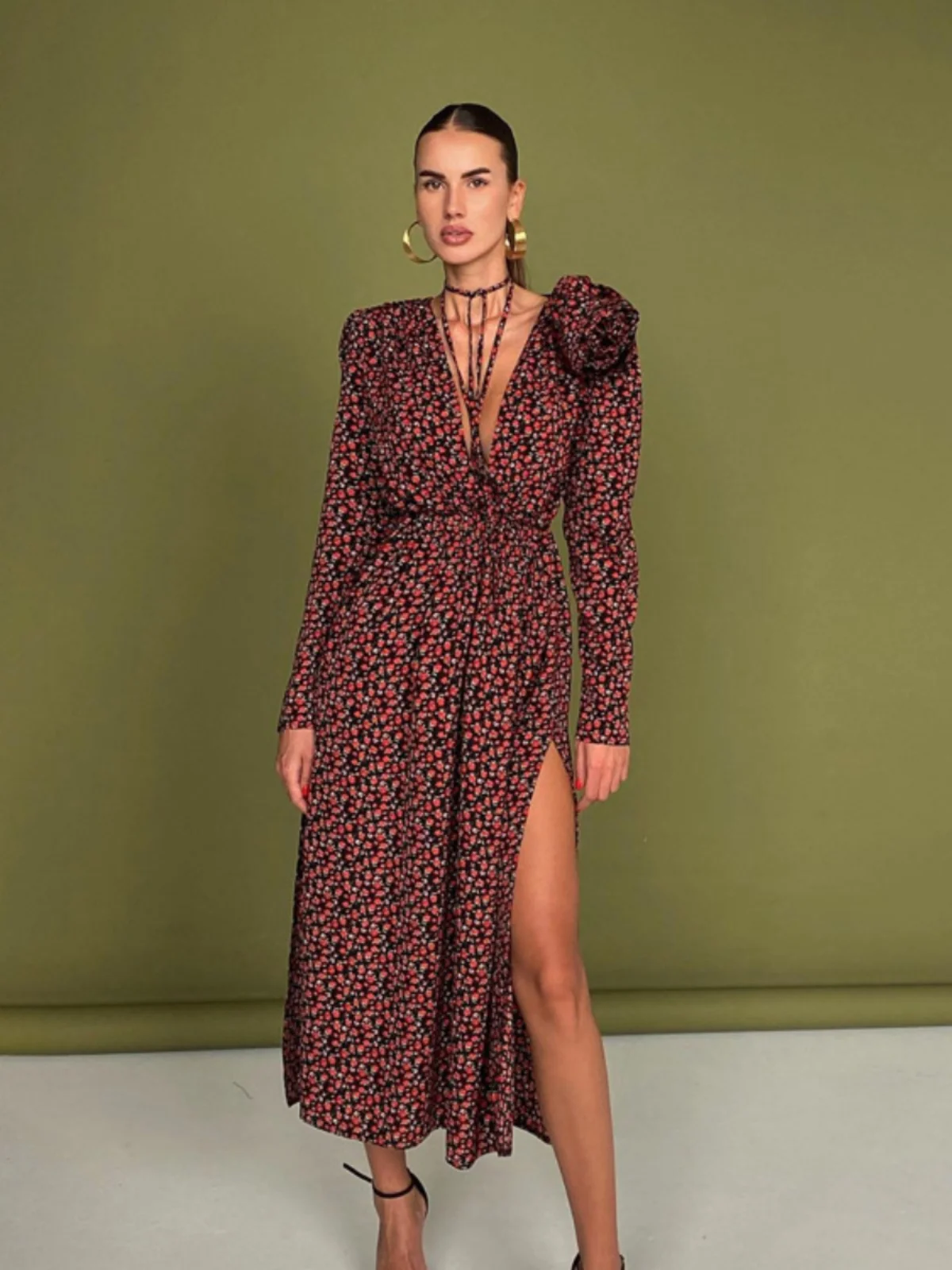 

Floralsexy V-ne Belted Waist Slit Long Dr Ele A-line Skirt Polyester Fabric Spring Autumn Season Long Sve Basic S...