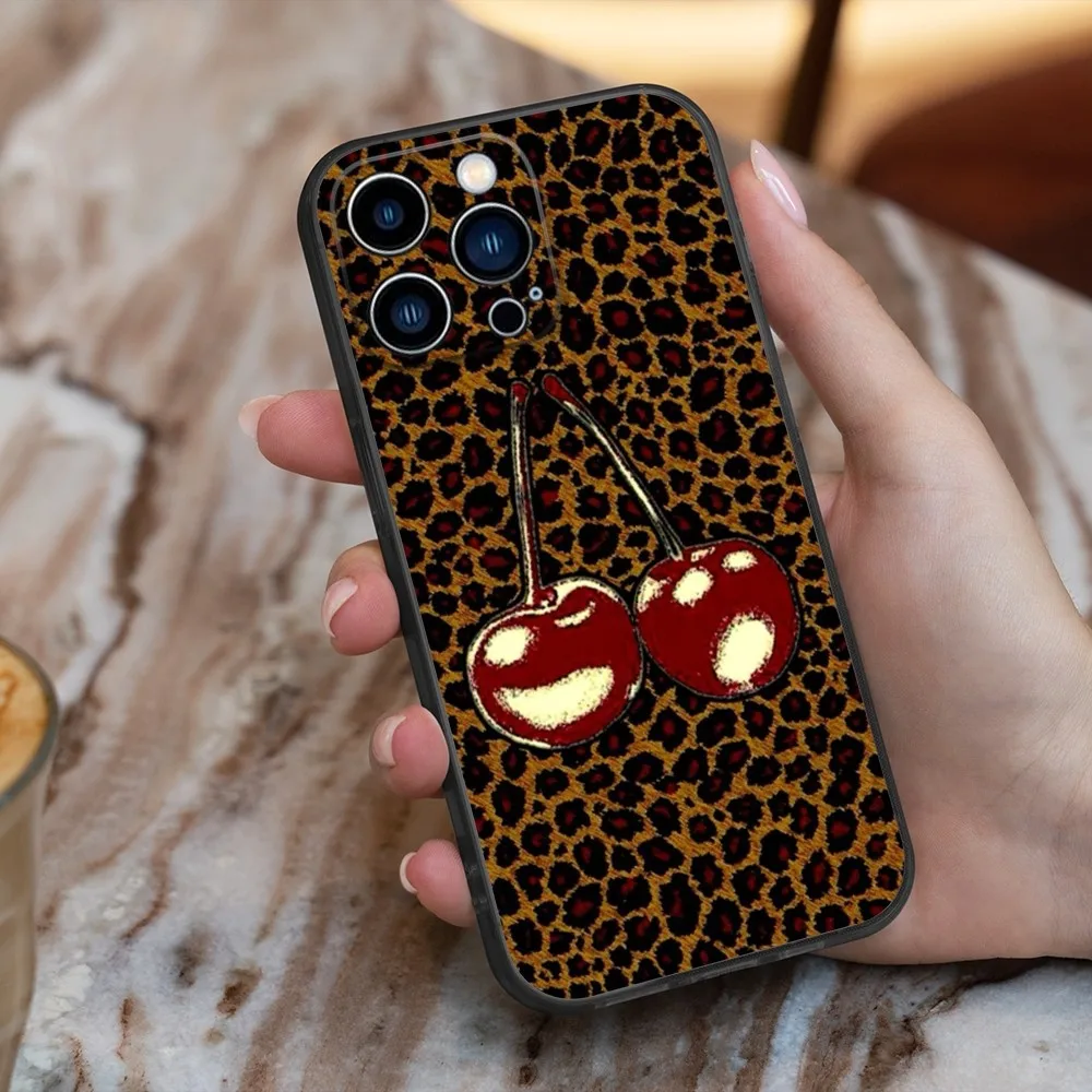 Leopard Print Cherry Star Phone Case For iPhone 16,15,14,13,12,11,Pro,X,XS,Max,XR,Plus,Mini Soft Silicone Black Shockproof TPU