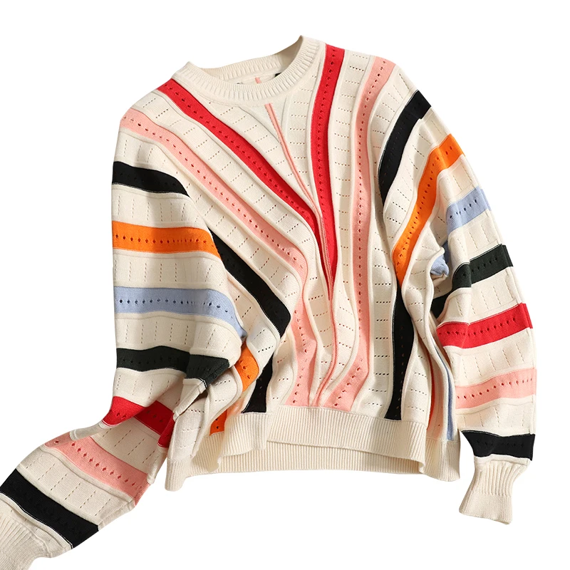 

Newly Raglan Rleeves Rainbow Strips Women O Neck Sweater 20202 Autumn Pullovers Top Soft Female Jumper Knitwear Top