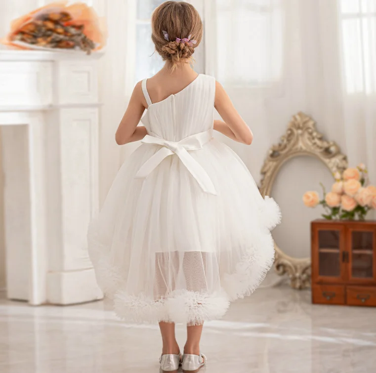 Retail New Baby Girls Boutique White  Flower Mesh  Dress, Princess Kids Elegant Solid Party Birthday Dress Holiday   4-8T