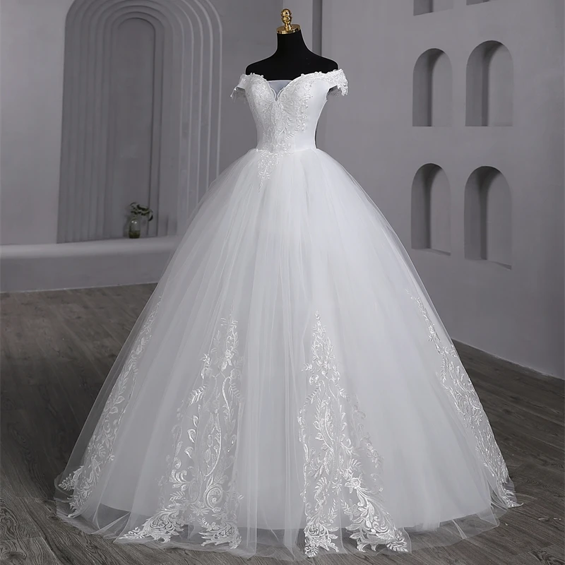 Y & M Novias Plus Size abiti da sposa bianchi al largo della spalla abiti da sposa eleganti Appliques abito da sposa con perline