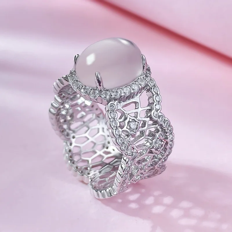 Natural Water Foam Jade Ring for Women 925 Silver Egg Face High Ice Glass Seed Jade Stone 8 * 10 Dove Egg Sparrow Diamond