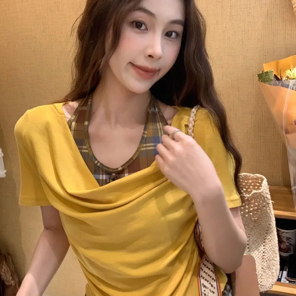 Plaid Patchwork Fake Two-piece Short-sleeved T-shirt for Women Summer Fashion Versatile Beautiful Waist-cinching Blouse Top