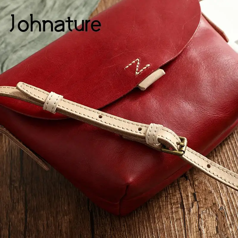 Johnature Simple Natural Soft Cowhide Women Bag 2024 New Vintage Genuine Leather Handmade Solid Color Shoulder & Crossbody Bags