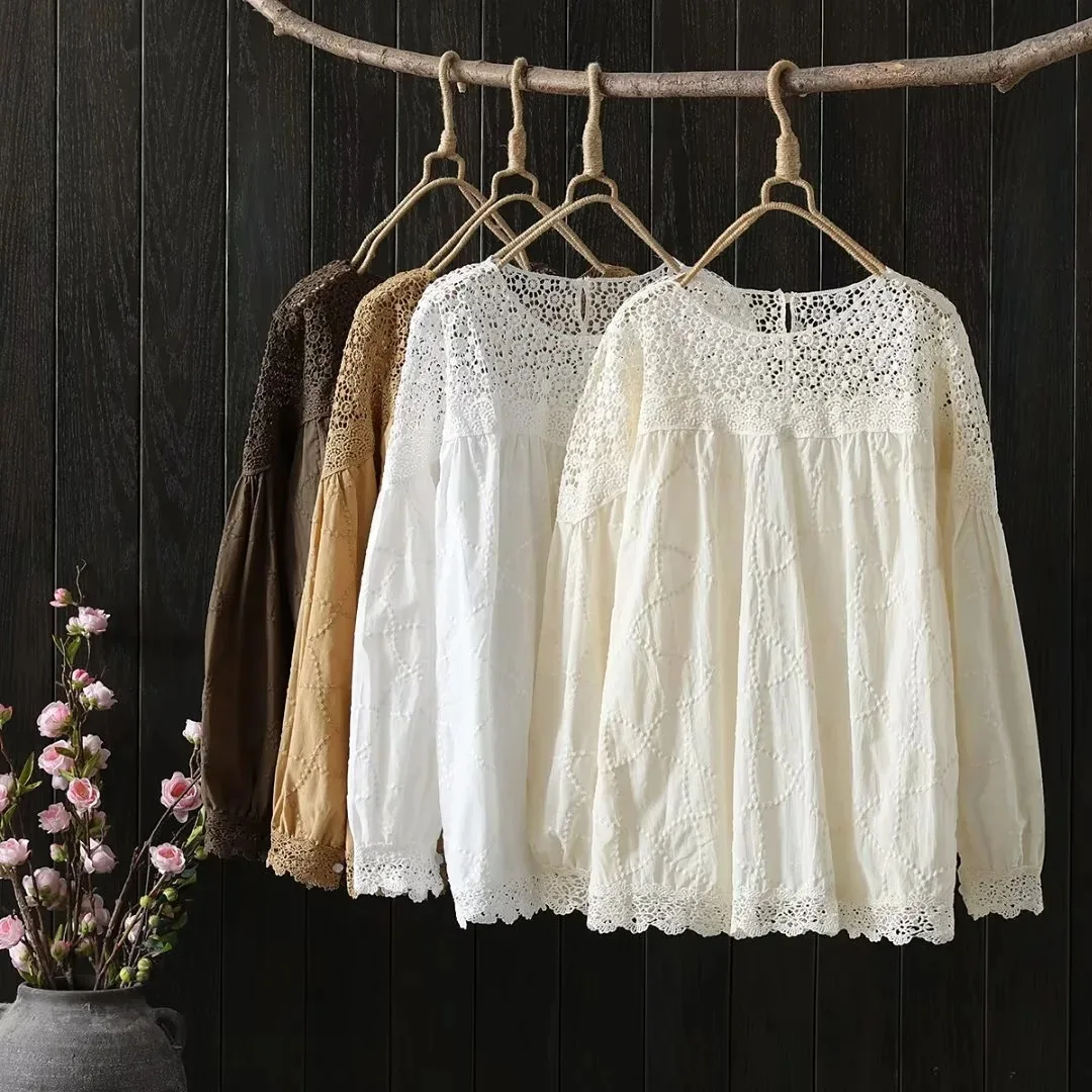 

Elegant luxury women's shirts korean fashion female long sleeve embroider hollow out patchwork shirts and blouses bohemian tops