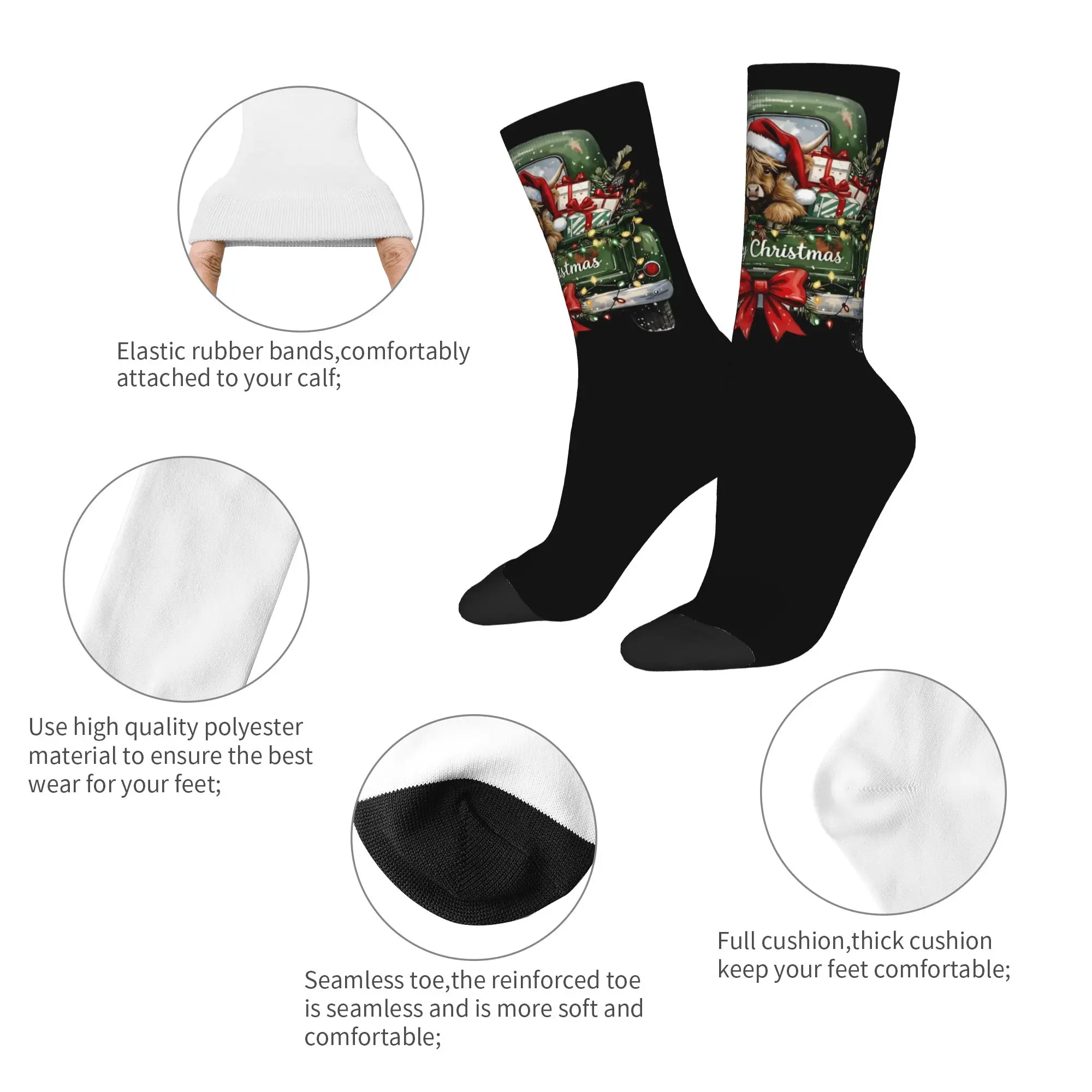 Christmas Highland Cow Truck Socks Men Women Funny Happy  Socks Harajuku Spring Summer Autumn Winter Middle Tube Socks Gifts