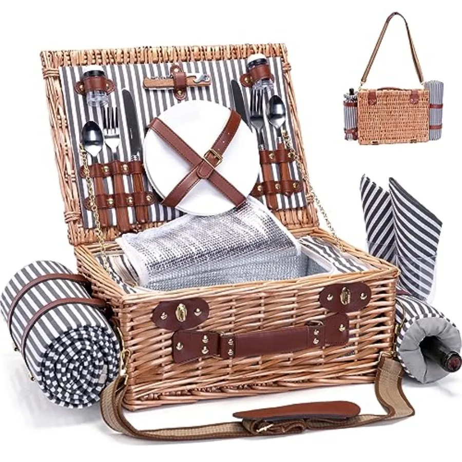 Cesta de picnic con manta y bolsa para vino para 2 personas, mimbre, rayas, bolsa térmica con forro aislante para camping y bodas