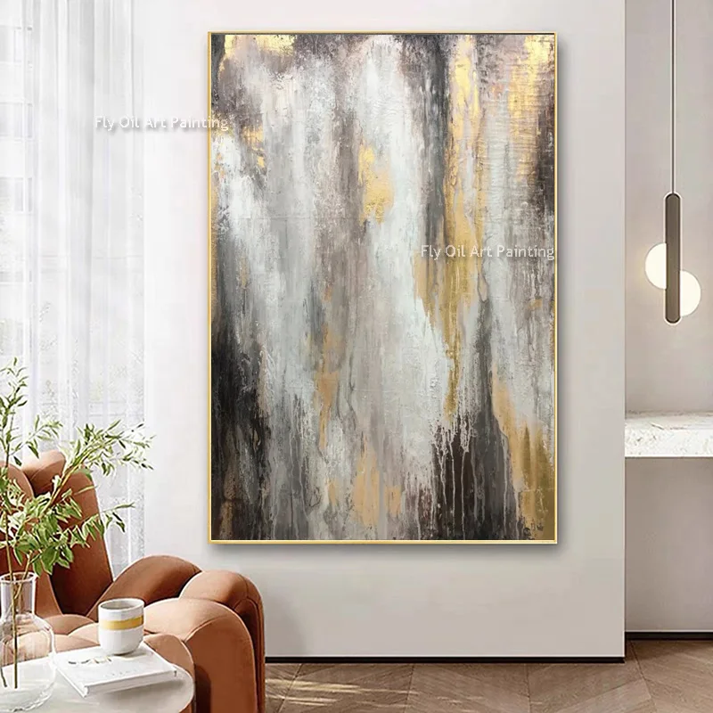 Blue White And Golden Abstract Canvas Wall Art Special Artwork Handmade Black White Oil Painting Gold Foil Artwork For Decor