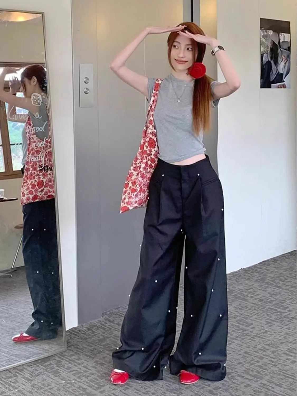 KUSAHIKI versione coreana pantaloni da pavimento con perle per donna primavera 2024 nuovi pantaloni a gamba larga a gamba dritta pantaloni lunghi