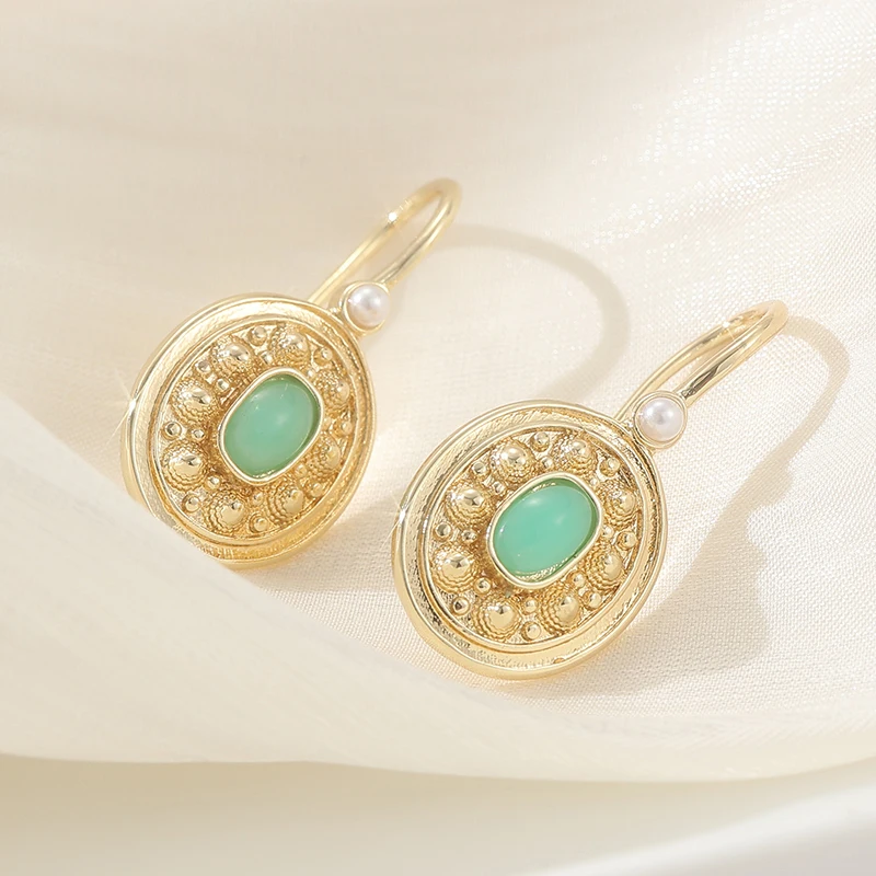 Vintage Gold Plated Ornate Pendant Earrings For Women Elegant Court Style Imitation Turquoise Earrings Party Jewelry Gifts