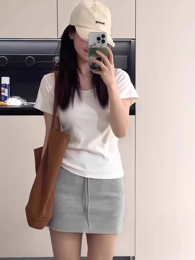 Korean Style White U-Neck Slim Fit Short Sleeve T-Shirt Women's Summer Versatile Weight Loss Half Sleeve Top Commute Style