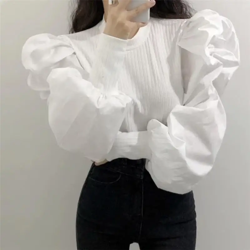 

Retro Lantern Sleeve Spliced Knitwear Women's New Bubble Shirt Sleeve Long Sleeve Round Neck Top Trendy