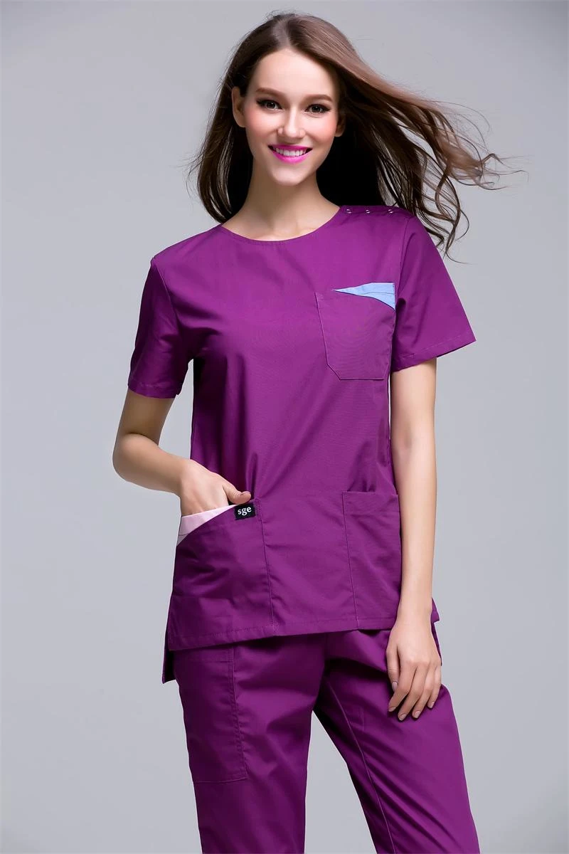 Round Neck Fancy Pocket Design Women's Summer Short Sleeve Dental Clinic Uniforms Set Shoulder Seam Openable