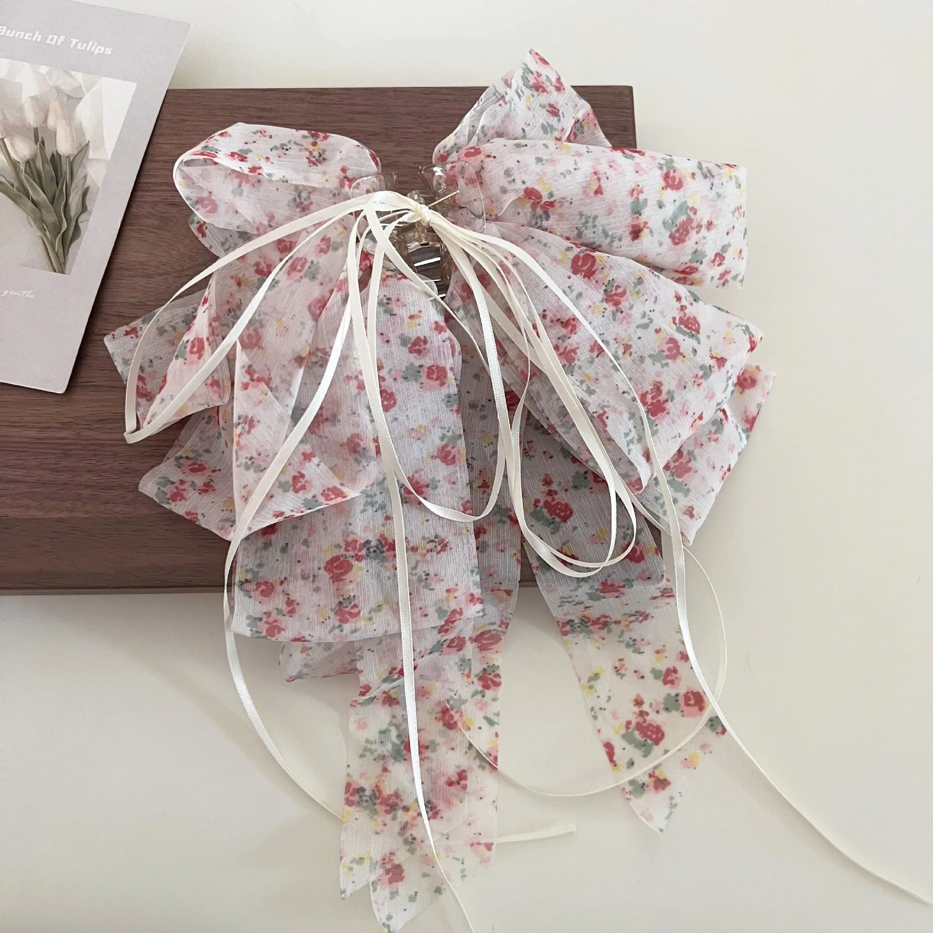 1 Stück französische Chiffon-Haarspange mit Blumenmuster, sanft und elegant, halbgebundene Haarspange, Haarspange für den oberen Teil, Haarspange für Pferdeschwanz, Haar-Accessoire – Detail 8