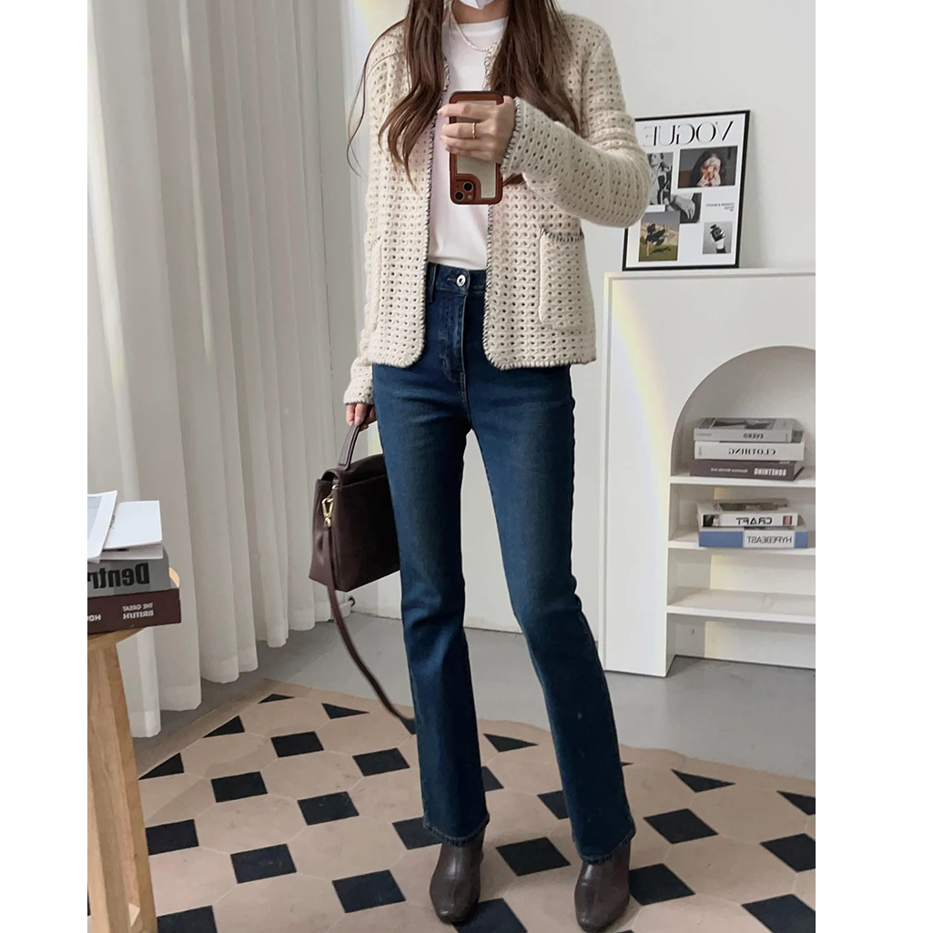 

Женские джинсы Slim Fit Micro Flare из денима с внутренней этикеткой, повседневные длинные брюки из хлопкового стрейч-денима, синие джинсы