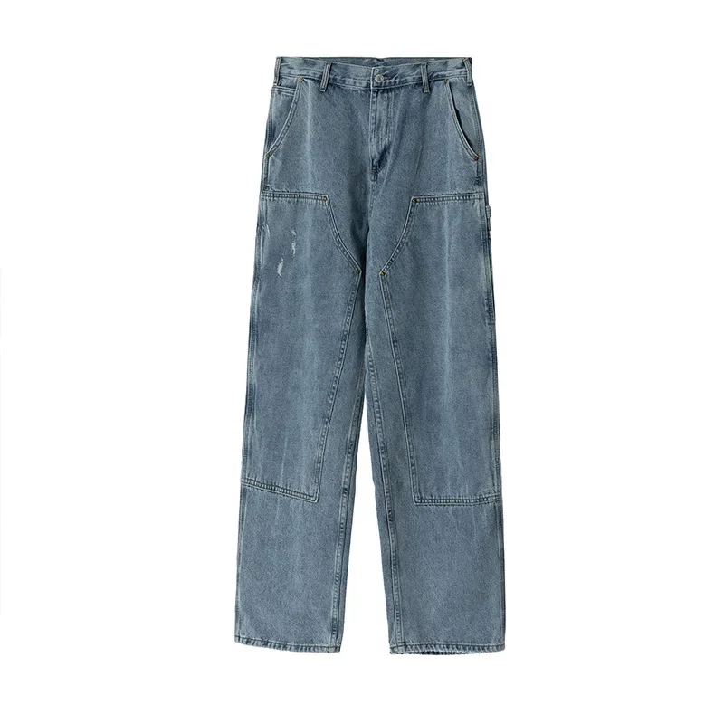 Men's All-season Washed, Frayed and Distressed Workwear Lumberjack Pants, American Street Style Pure Cotton Straight-leg Jeans