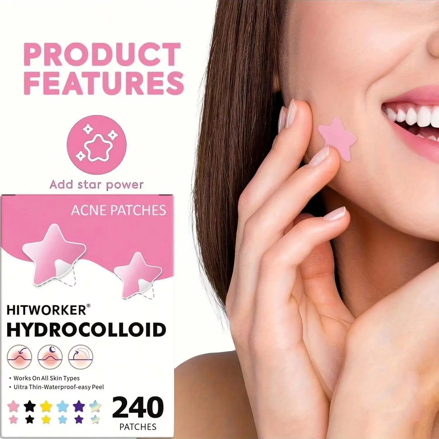 240 Six Color Star Acne Stickers - Waterproof, Alcohol Free, Non Stimulating, Gentle to Skin, Suitable for All Skin Types