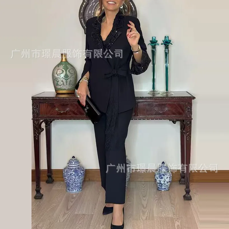 

Women's New Sequin Decor Tie Waist Long Sleeve Blazer Top Wide Leg Pants Two-Piece Set Elegant Slim Fit Daily Wear Trendy Outfit