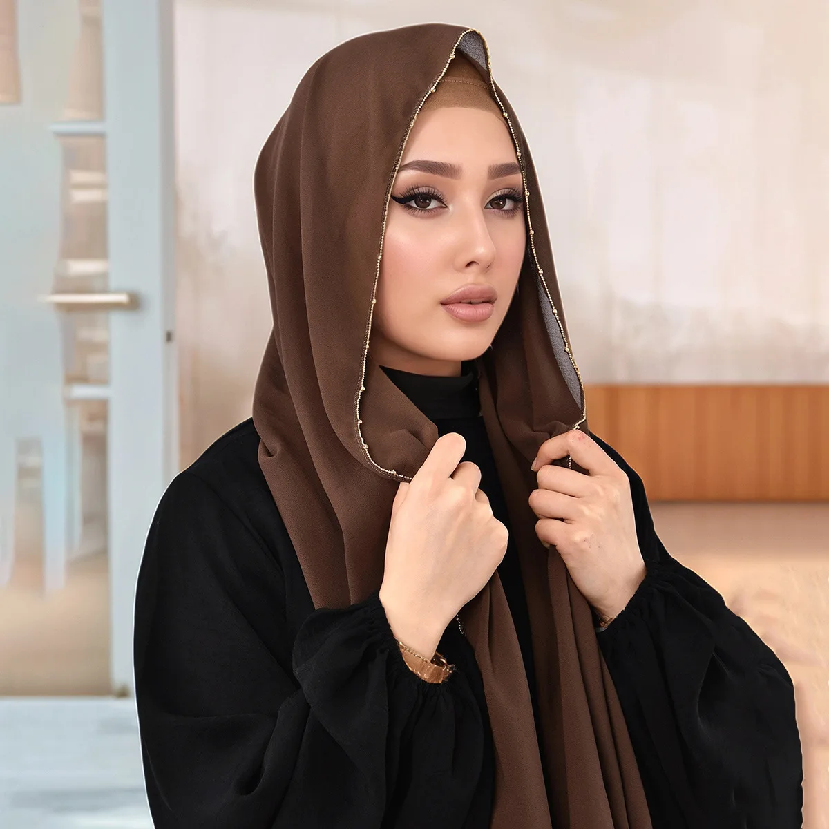 

New Hot-selling Bilateral Chain Chiffon Long Scarf Malay Bright Diamond Scarf Spring and Summer Hui Women's Head Scarf
