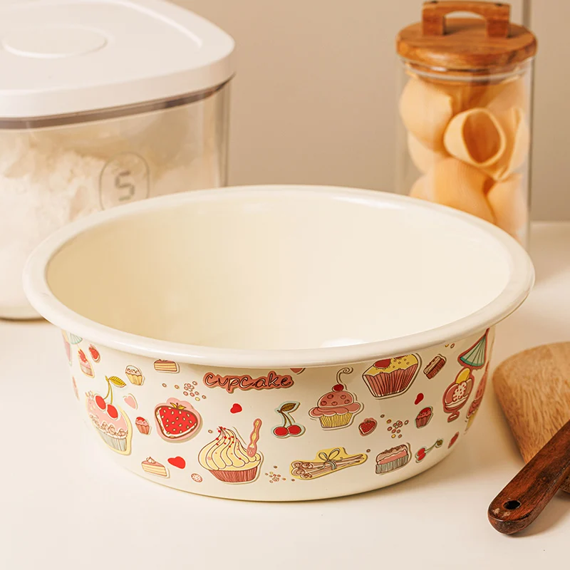 Enamel Basin Large Capacity Thickened Enamel Kitchen Vegetable Basin Cute Dessert Printing Household Soup Basin Container
