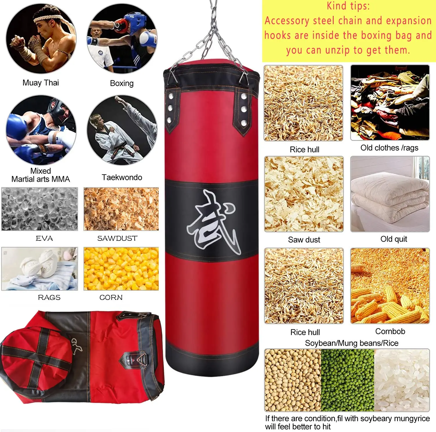 Punch Sandbag Durable Boxing Heavy Punch Bag With Metal Chain Hook Carabiner Fitness Training Hook Kick Fight Karate Taekwondo