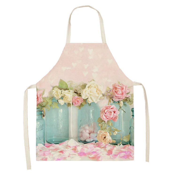 Kitchen Pink Rose Flower Pattern Sleeveless Apron Linen Bib Home Female Cleaning Cooking