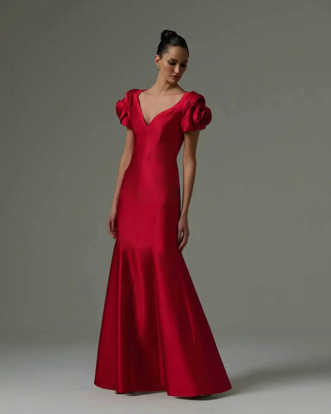 Vestido de noche de manga corta con flores exquisitas personalizado, vestidos elegantes con cuello en V para celebridades, vestido de fiesta clásico de sirena con cremallera en la espalda