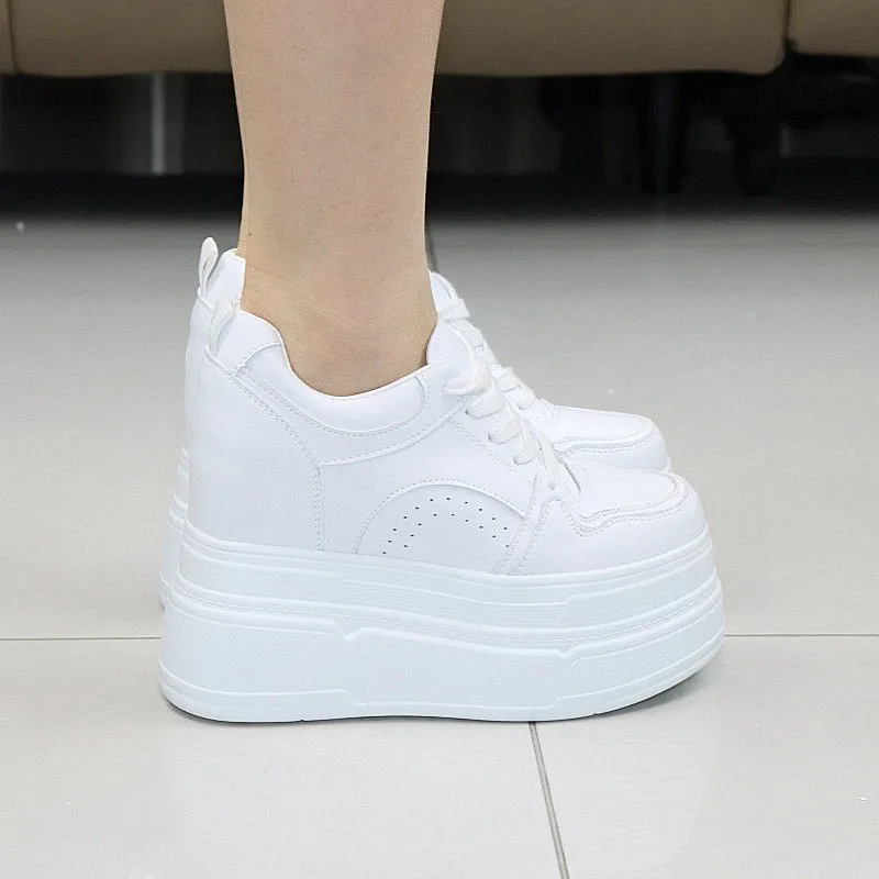 Autumn Winter New Women's Black Platform Sneakers 12cm Hidden Heel Elevator Shoes 10cm Thick Sole Casual Sport Running Shoes