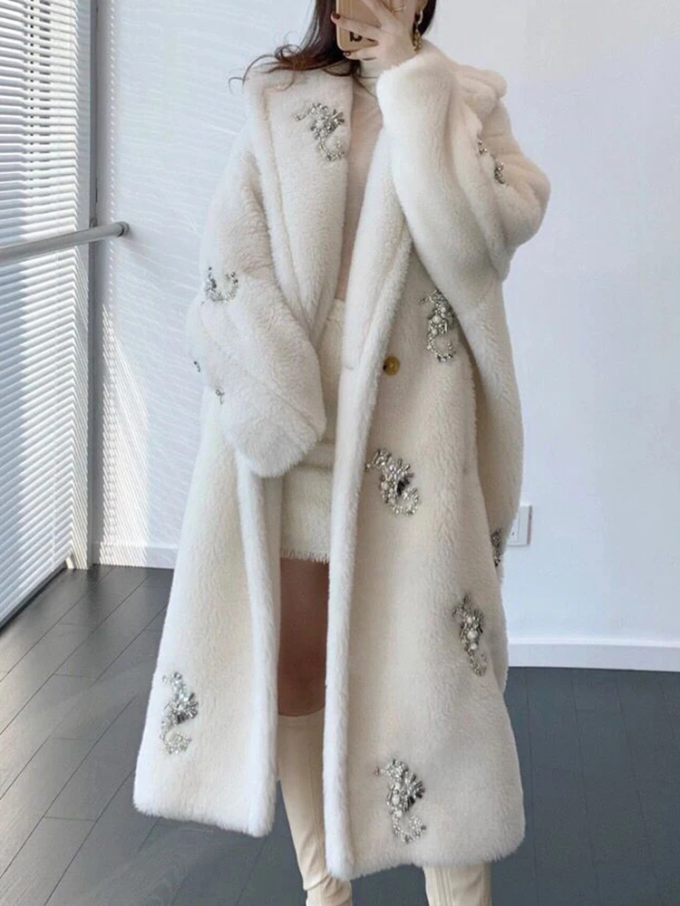 YERMORA Beige Big Size Rhinestone Thick Woolen Coat Lapel Collar Long Sleeve Women Jacket Fashion Tide 2024 New Autumn Winter