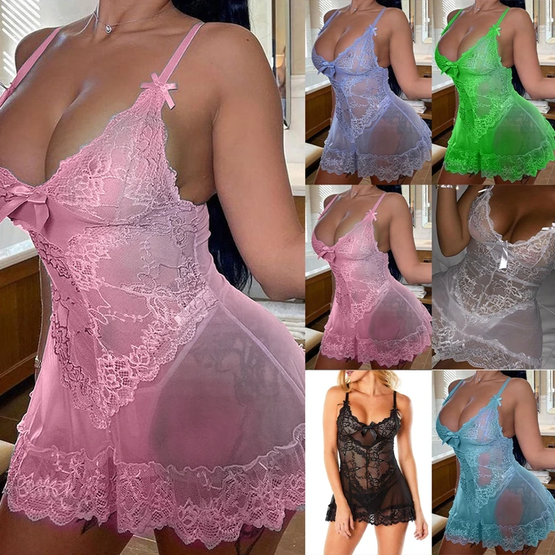 Plus Size Women Sexy Lace Nightdress Night Dress V Neck Sleeveless Spaghetti Straps Mesh See-through Nightgown Exotic Lingerie