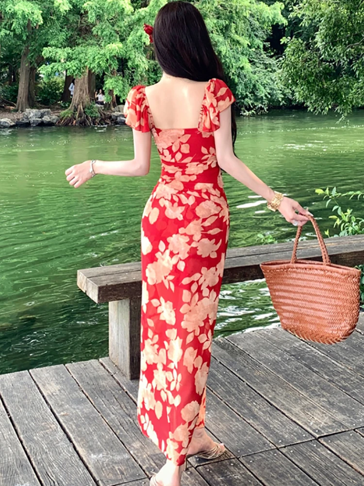 Abito lungo da donna con colletto quadrato in rete floreale rossa Abito estivo Boho elegante casual da vacanza 2025 Abito da festa coreano aderente per festival