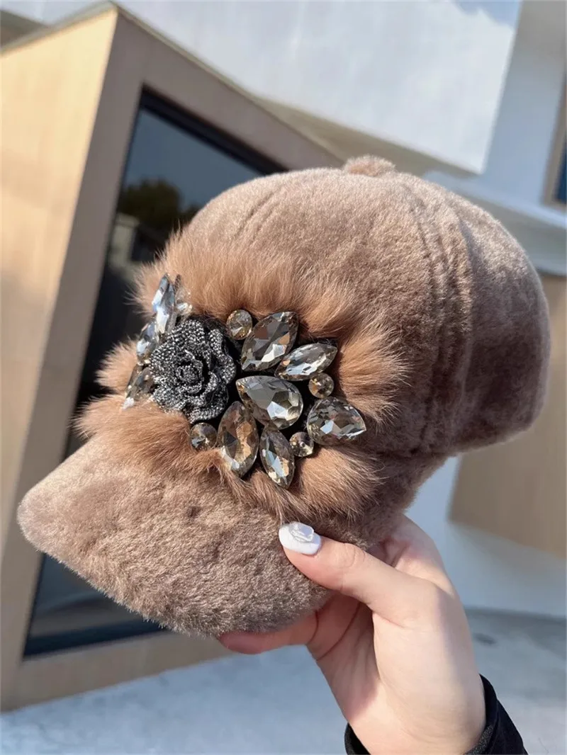 202411-shi ins chic winter original pluse warm lady baseball hat Fox  Real fur drill Metal camellia women leisure visors cap