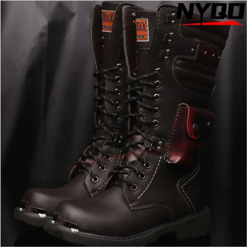 Botas altas para hombre, botas militares para la nieve largas para exteriores, botas de cuero de gran tamaño, botas para moto de nieve