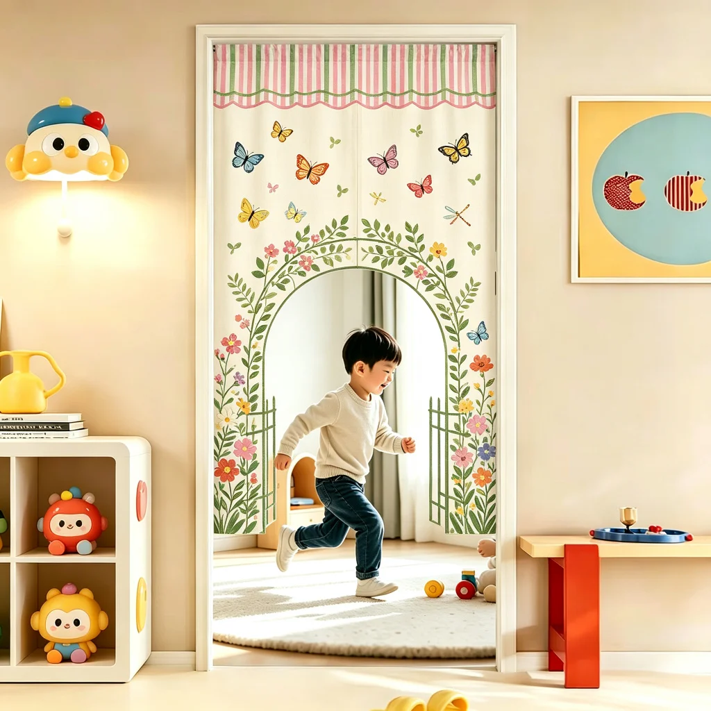 VIKAMA Treasure Chest Arched Half Door Curtain Kids Room Bedroom Nursery Cotton Linen Short Curtain Privacy Partition Decor