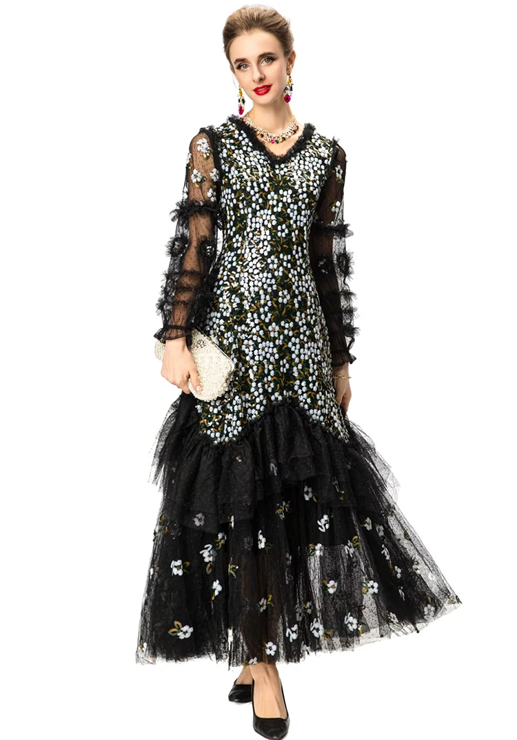 DLDENGHAN 여성용 스팽글 자수 메쉬 맥시 드레스 브이넥 랜턴 슬리브 프릴 우아한 볼 가운 드레스 패션 가을 여성