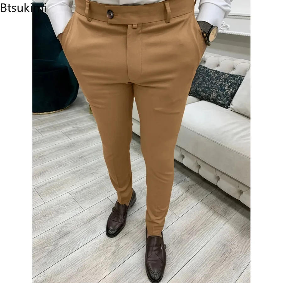 2024 Men's Solid Casual Trousers Trend Slim Business Formal Pants Simple Versatile High Waist Pencil Pants Men Pants Four Season