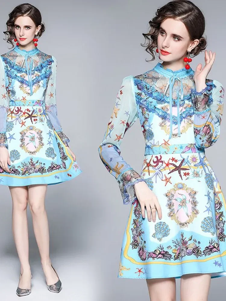 2023 Runway Spring Autumn Blue Mini Dress Women Edible Tree Fungus Long Flare Sleeve Starfish Print Short Party Vestidos