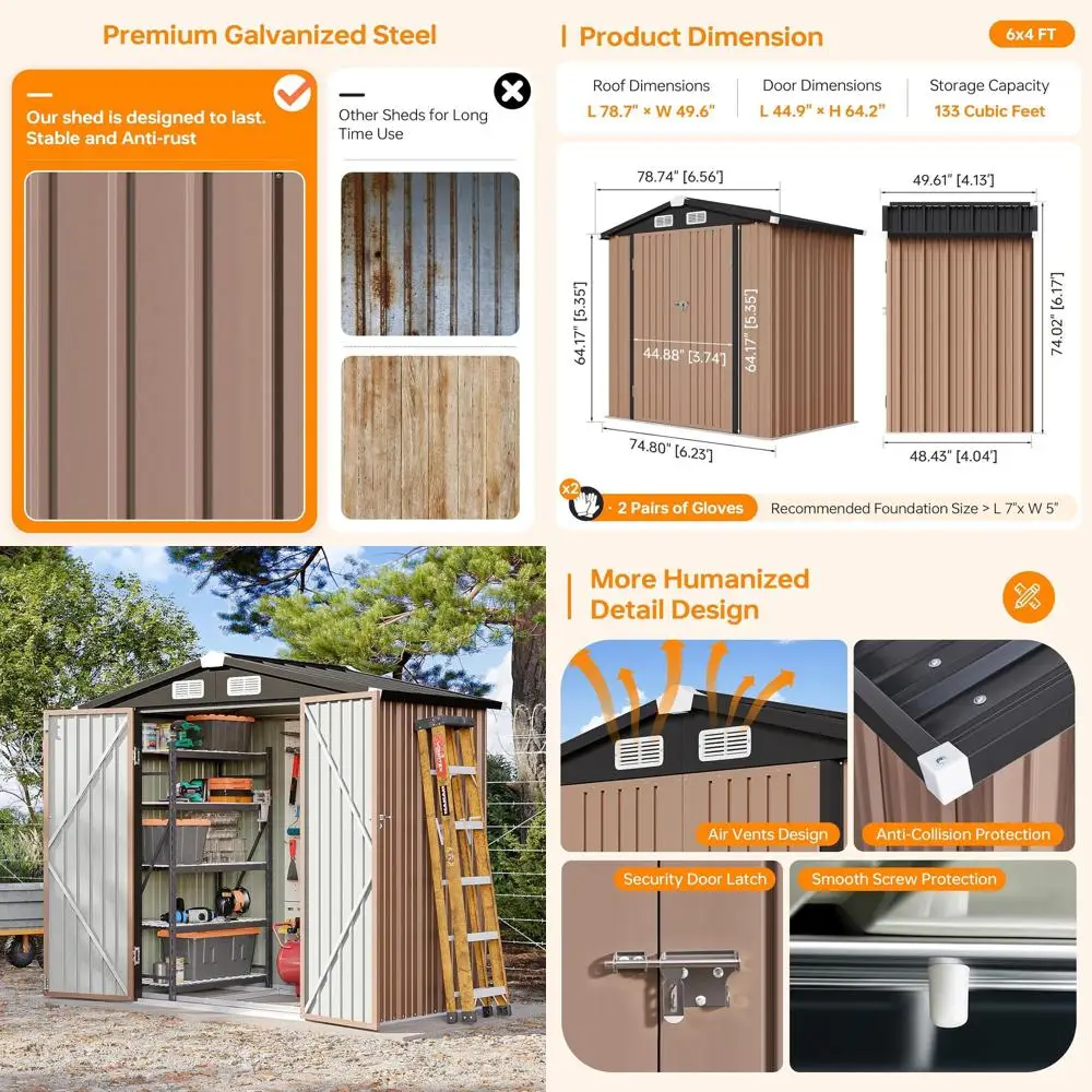 

Коричневый навес для хранения на открытом воздухе, металлический навес для садовых инструментов 6x4 с наклонной крышей и запираемой дверью для патио или двора