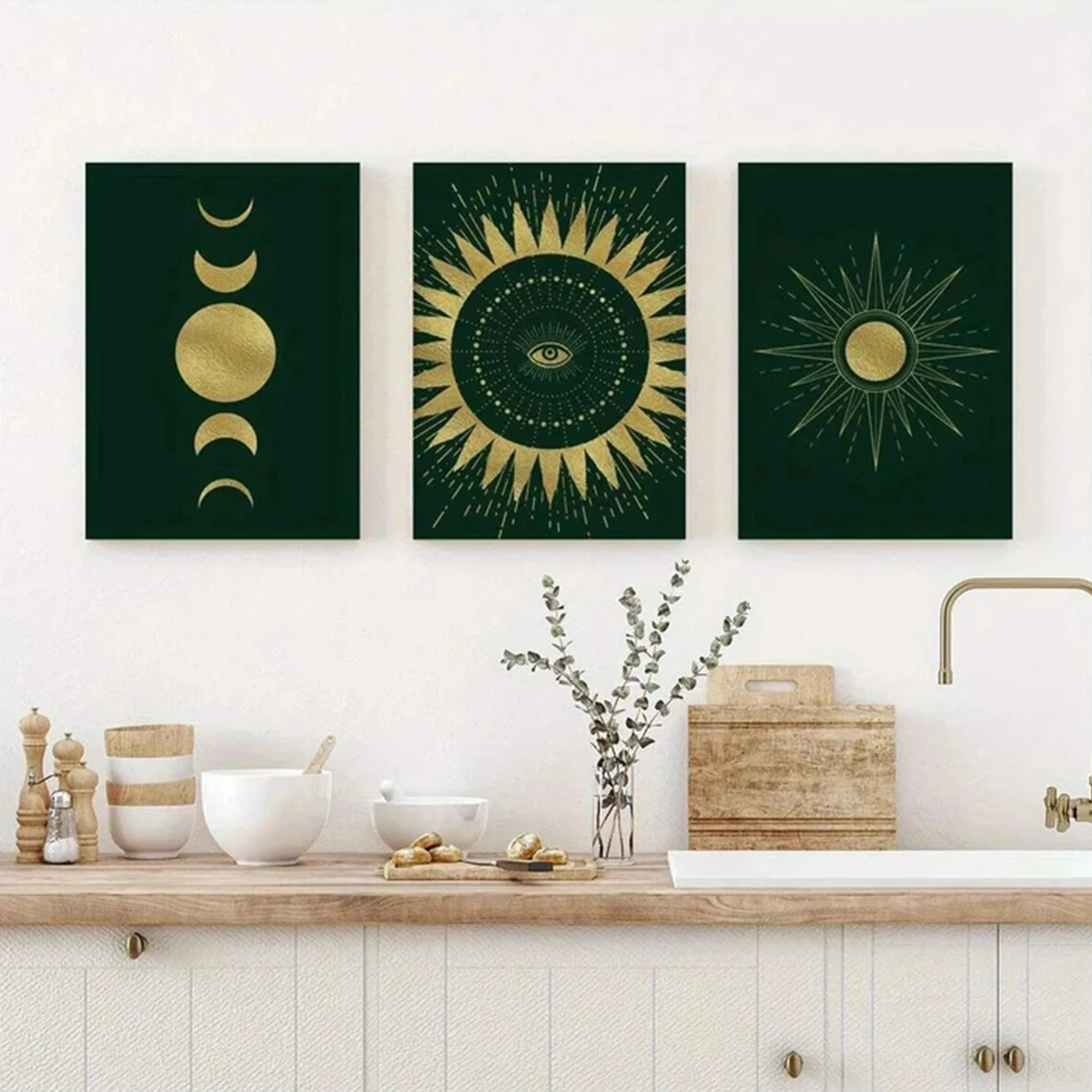 3pcs Modern Green Boho Sun And Moon Wall Art Print Canvas Painting Poster Picture For Living Room,Bedroom Home Decor