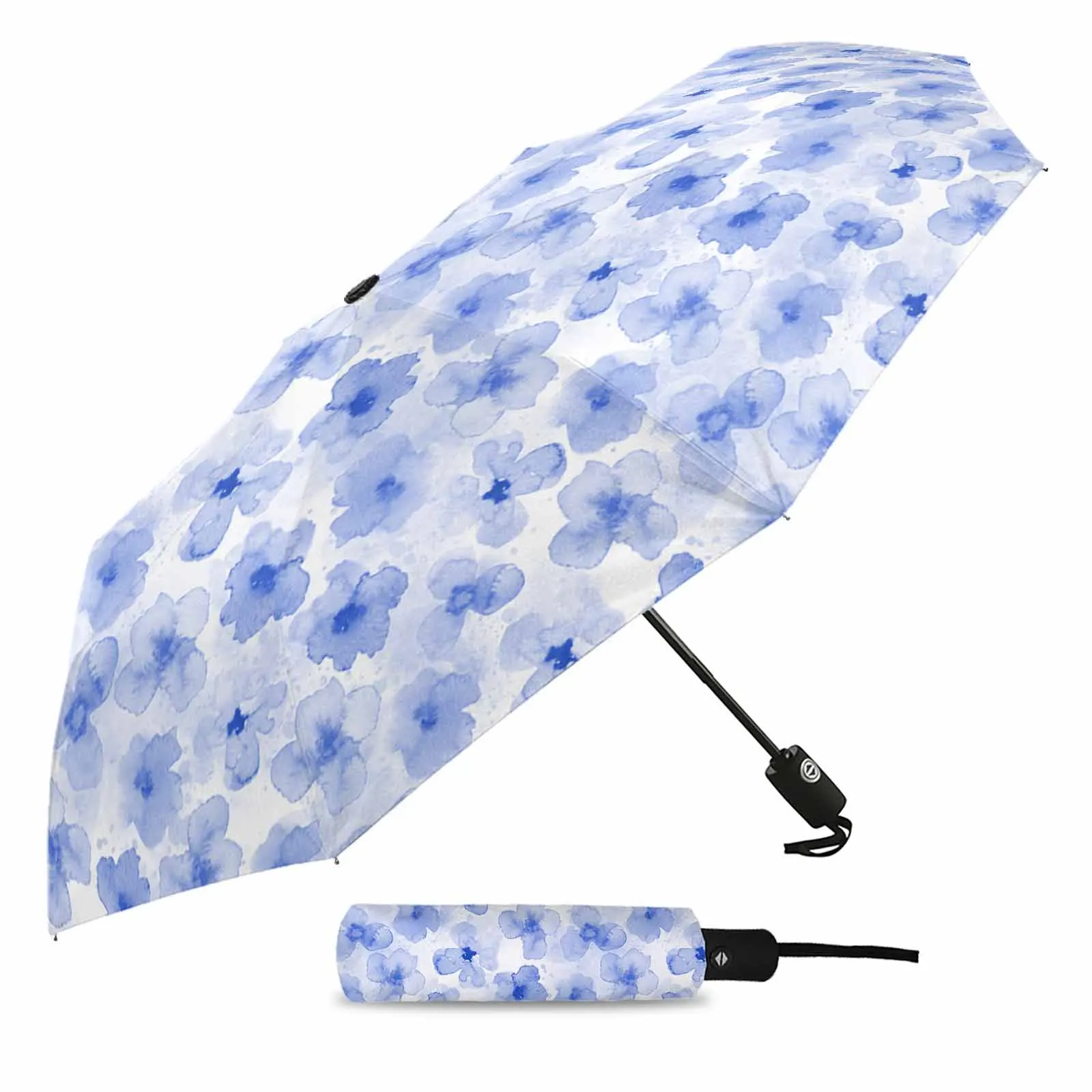 Blue Watercolor Floral Texture Flower Automatic Umbrella for Rain Foldable Parasol Umbrella Eight strand Outdoor Umbrellas