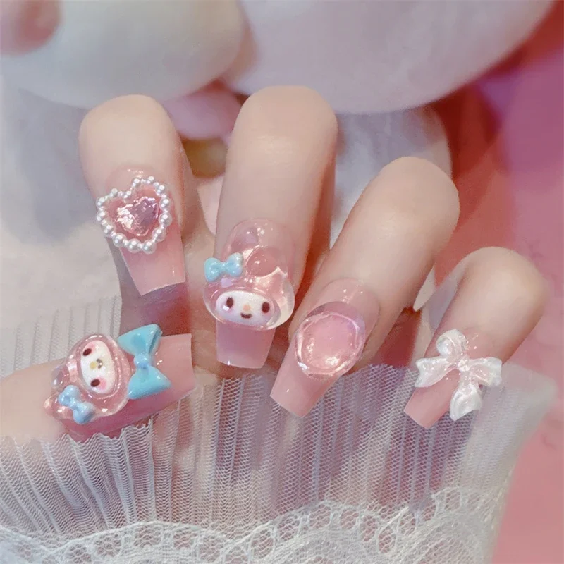 Sanrio My Melody Fake Nails Cute Anime Cartoon Kuromi Cinnamoroll Nail Patches Fashion Charm Nail Sticker Women Holiday Gifts