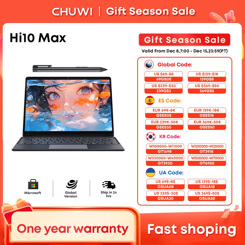 CHUWI HI10 Max 2 IN1 Windows Tablet Laptop Intel N100 12.96\'\' 3K Touch Screen 512GB SSD 12GB RAM Tablets Support Keyboard Stylus