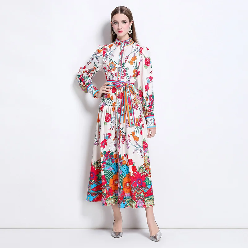 Runway 2025 Spring Summer Floral Print Long Shirt Dress Women Fashion Lantern Sleeve Floral Print Casual Holiday Dress Female