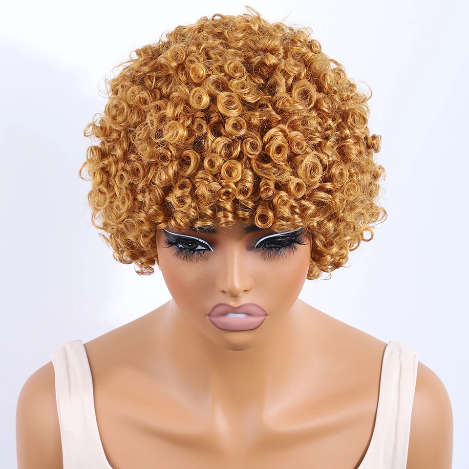 Parrucche piene fatte a macchina per capelli umani Remy brasiliani Parrucche corte afro ricci per le donne Parrucche ricci afro crespi con frangia Densità del 180%