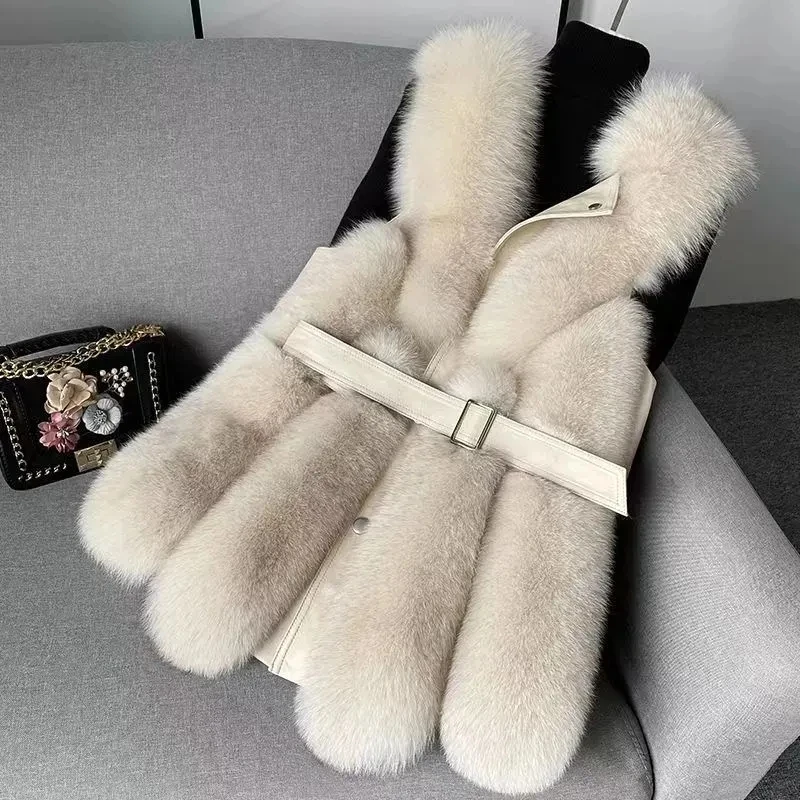 2024 New Fox Fur Vest Coat Womens Faux Fur Waistcoat Fashion Slim Fur Jacket Chic Sleeveless Faux Fox Fur Vests With Belt Jacket