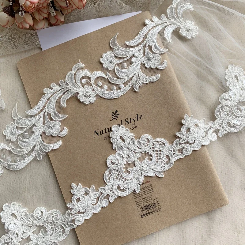 

8cm Luxury Beading Lace Trimmings for Handmade Wedding Dress, Car Bone Lace, High-end Veil Background Decoration Accessories