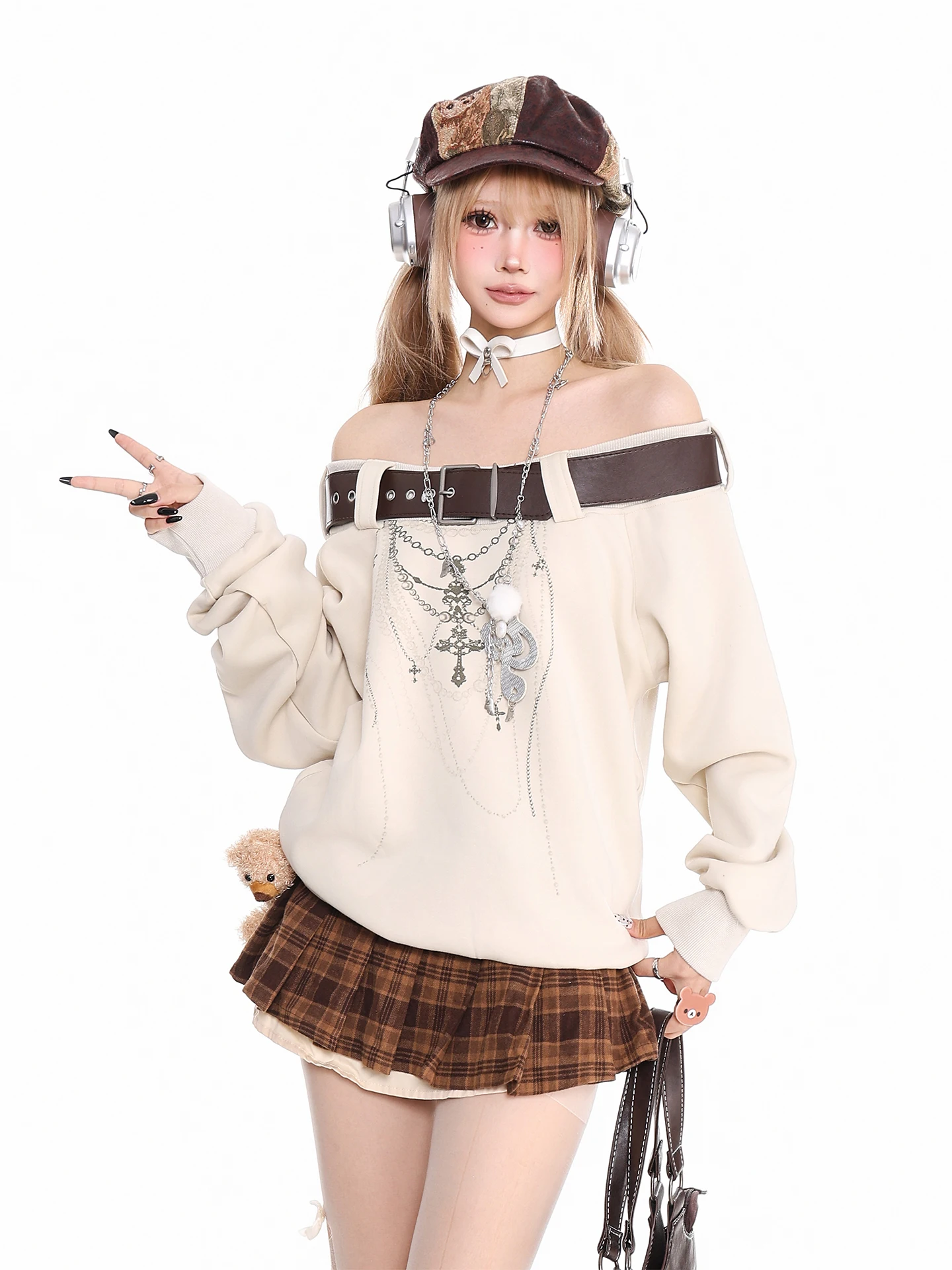 سترة بنية جديدة لربيع وخريف 2025 مزينة بحزام عاري الكتفين باللون الأبيض الكاكي سترة نسائية للتخسيس بلوزة فضفاضة للشوكولاتة #4