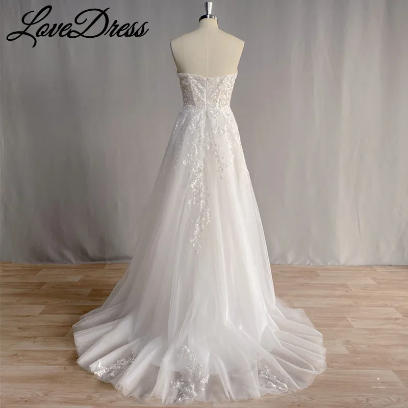 Love dress Schatz Brautkleid A-Linie Spitze Applikationen rücken freie Braut Kleid Reiß verschluss Tüll Zug echtes Bild Vestido de Noiva