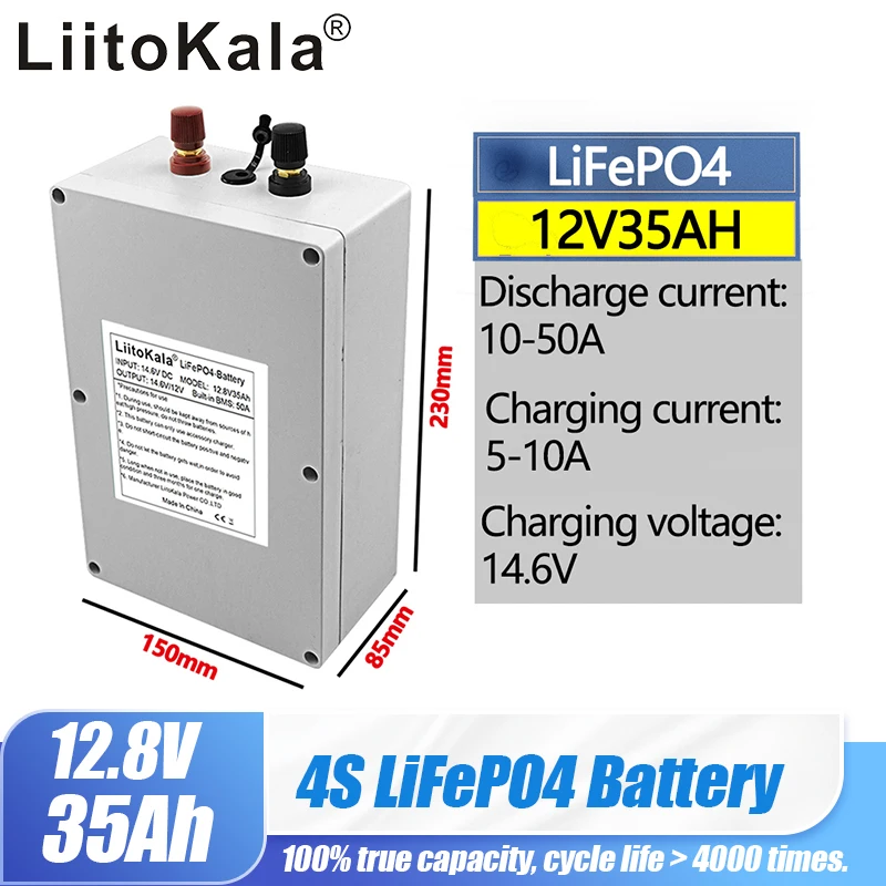 LiitoKala 12V 35Ah Lifepo4 Battery Pack With 4S 50A Balanced BMS For Electric Boat And Uninterrupted Power Supply 12.8V 30Ah