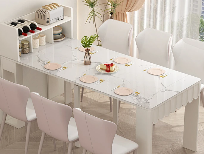 Folding dining table, small household, household retractable white slate, one table, six chairs, combined 1 meter 8